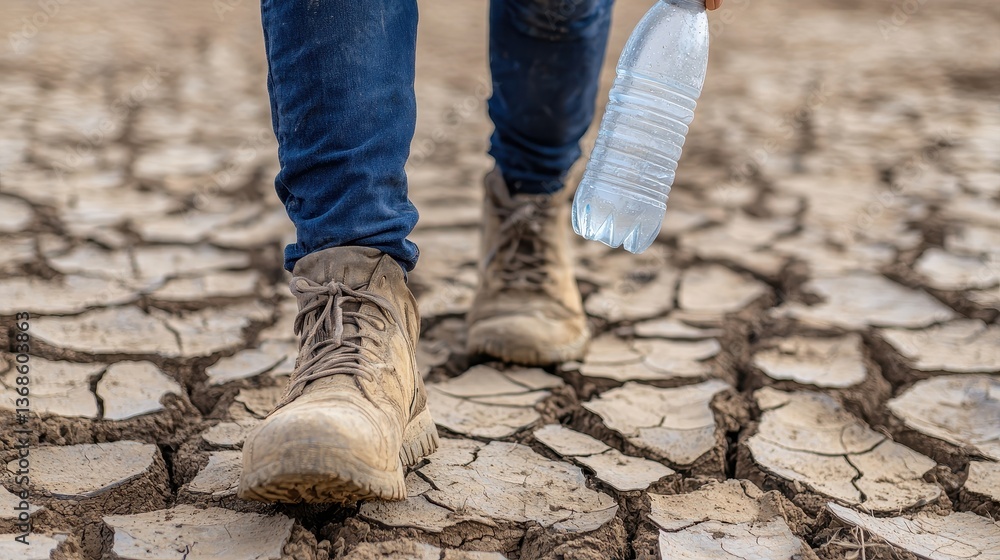 A person walks on cracked dry earth, holding a water bottle, highlighting drought and environmental challenges. A person walks on cracked dry earth, holding a water bottle, highlighting drought and environmental challenges.