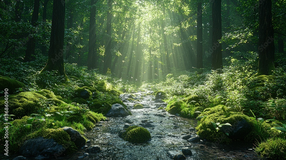 Obraz premium Sunlit forest stream, mossy rocks, tranquil scene