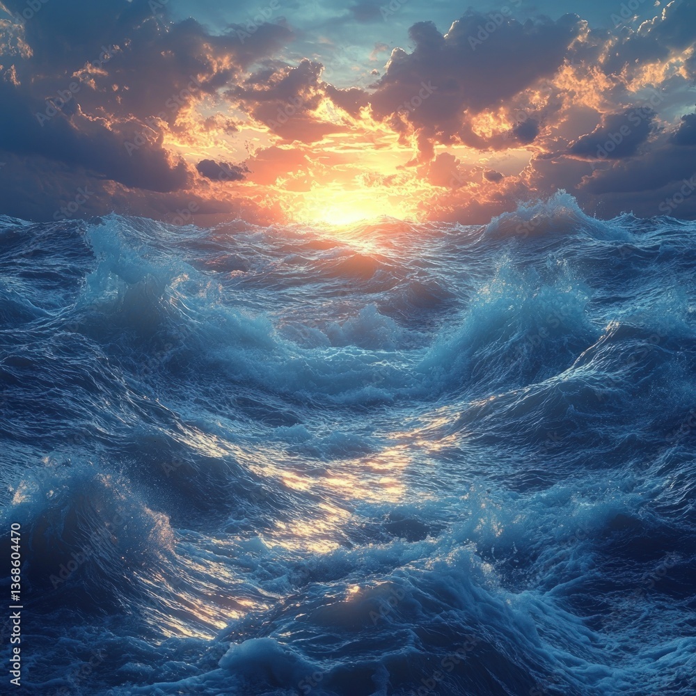 Fototapeta premium Dramatic ocean waves sunset sky vibrant colors