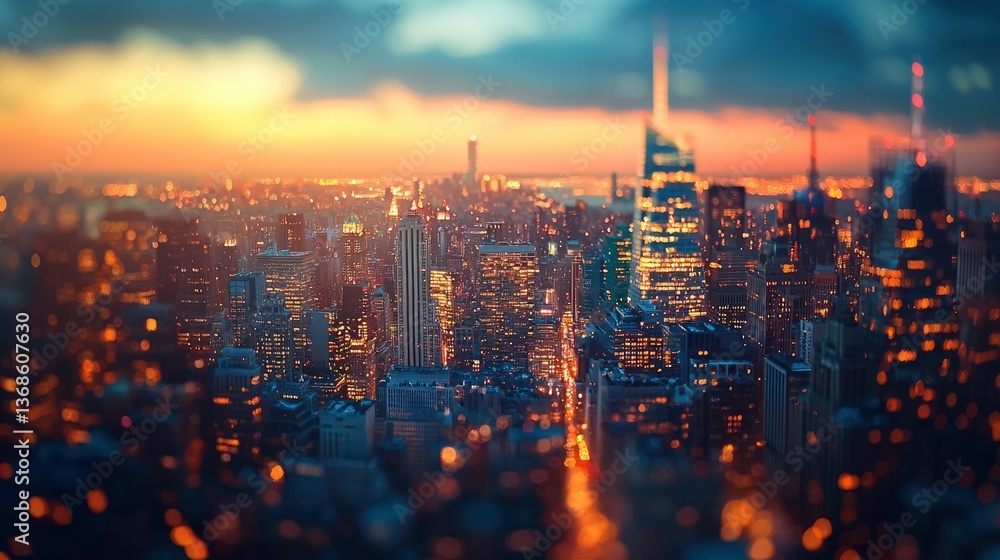 Fototapeta premium Golden sunset cityscape vibrant city lights