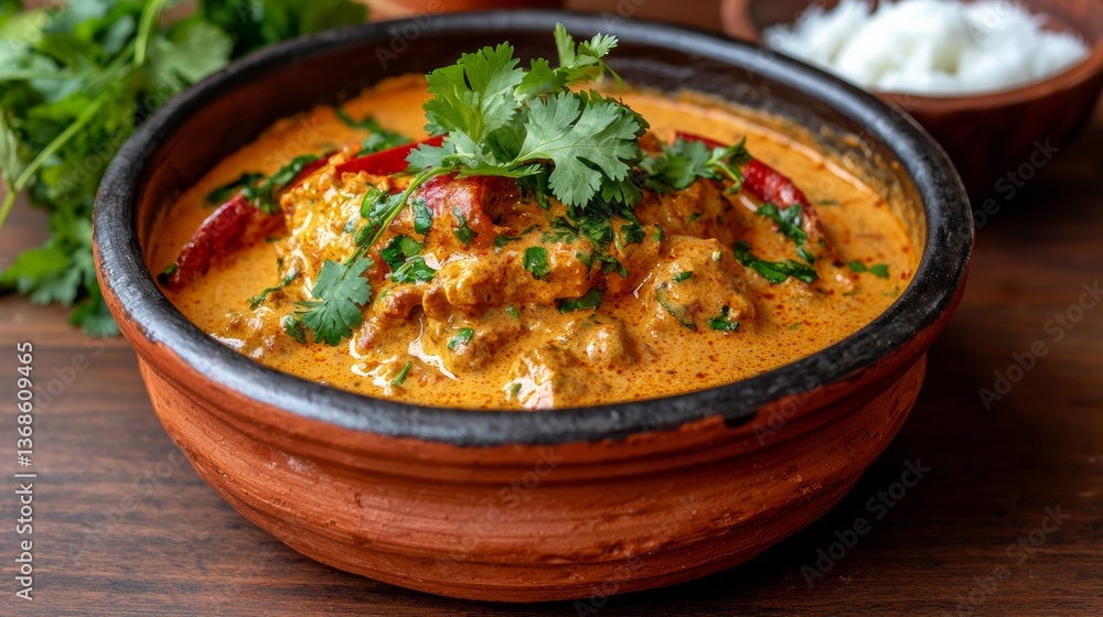 Delicious Butter Chicken Curry Dish with Fresh Cilantro Garnish in Bowl Delicious Butter Chicken Curry Dish with Fresh Cilantro Garnish in Bowl