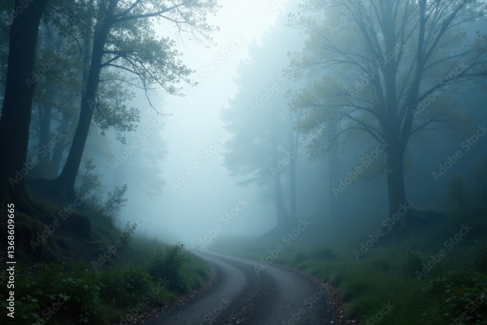 Obraz premium Serene Winding Road Through a Misty Forest, Enveloped in an Ethereal Blue Haze, Leading to an Unknown Destination