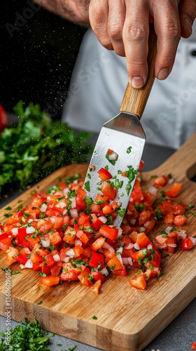 Chef's Hand Dicing Pico de Gallo on Wood Cutting Board, Fresh and Healthy Ingredients