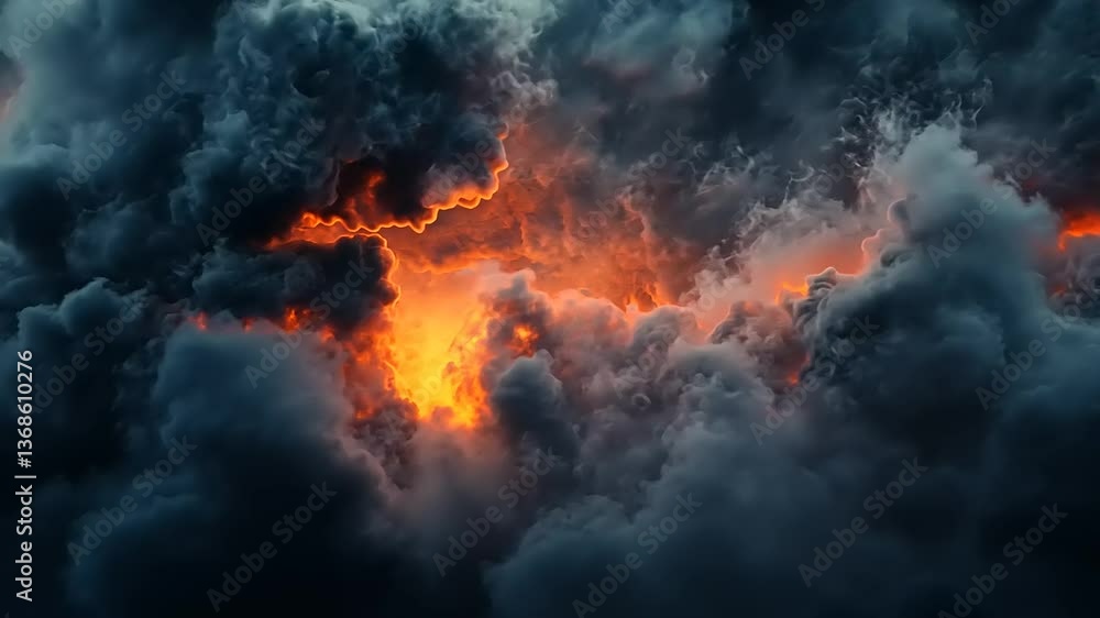 Dramatic storm clouds illuminated by fiery orange light, creating a captivating atmospheric scene Dramatic storm clouds illuminated by fiery orange light, creating a captivating atmospheric scene