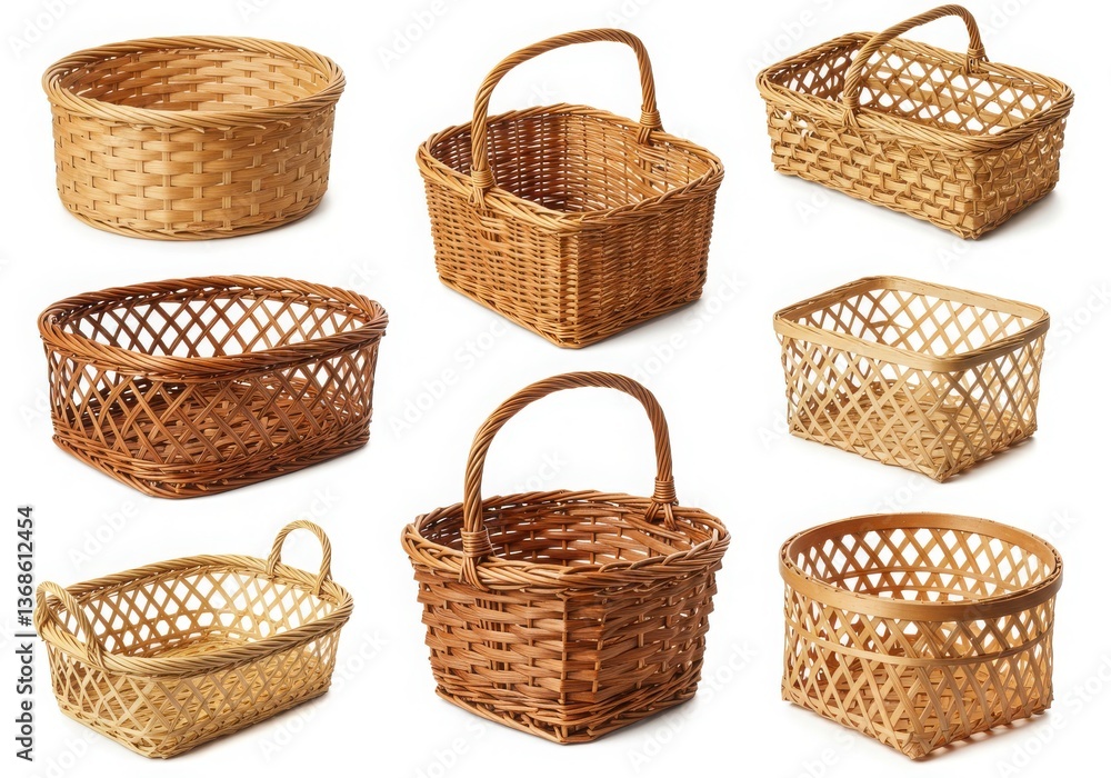 Collection of various woven baskets in different shapes and sizes on a white background Collection of various woven baskets in different shapes and sizes on a white background