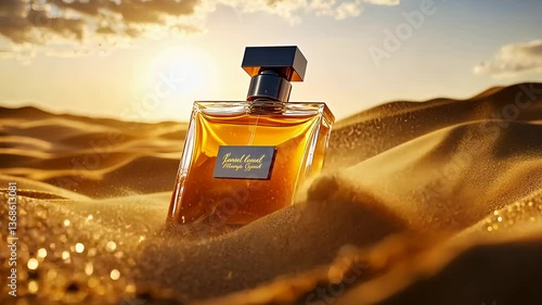 Luxurious Perfume Bottle on Golden Sand with Warm Sunset Lighting, Elegant Design, and Desert Ambience

