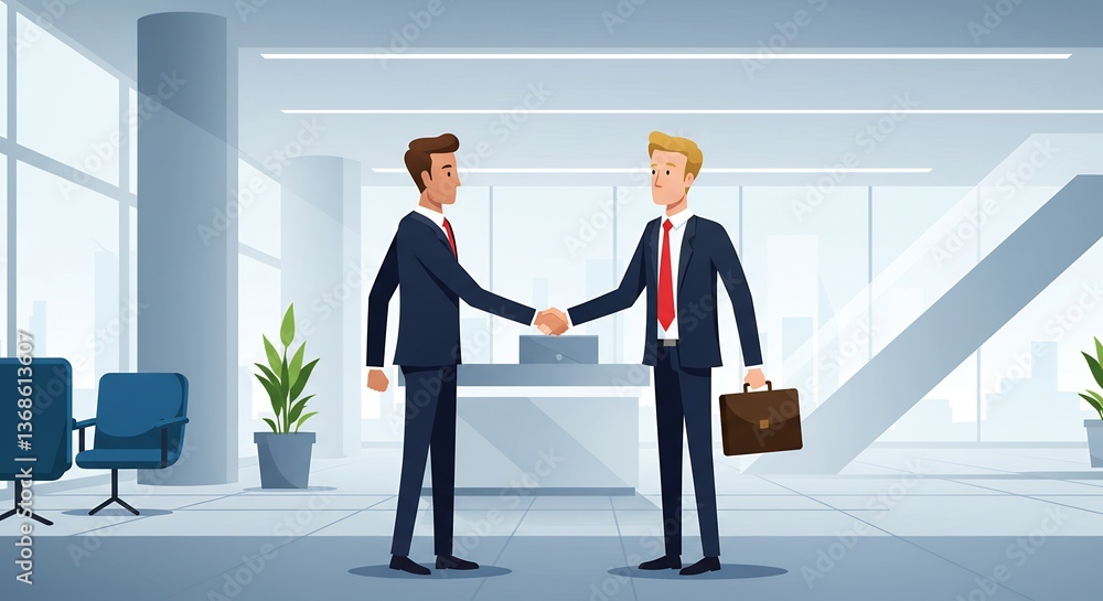 Fototapeta premium Businessmen shaking hands modern office bright lighting. AI Generated