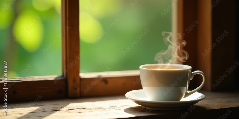 Fototapeta premium A steaming cup of hot beverage rests on a saucer, bathed in sunlight near a wooden window overlooking a vibrant green garden.