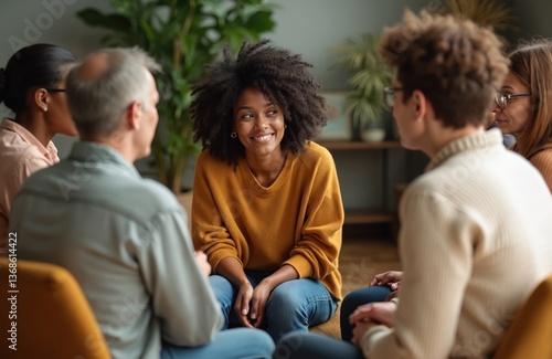 Diverse group people sitting in circle, group therapy session. Smiling black woman in center with others. Mental health care, support, recovery, discussion, communication in rehab.