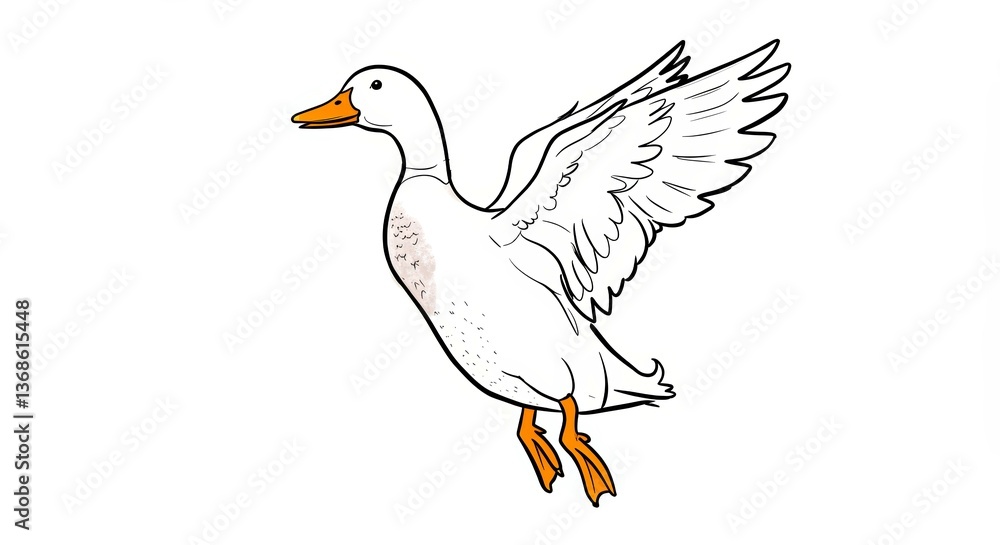White duck flying with wings spread in a playful manner White duck flying with wings spread in a playful manner