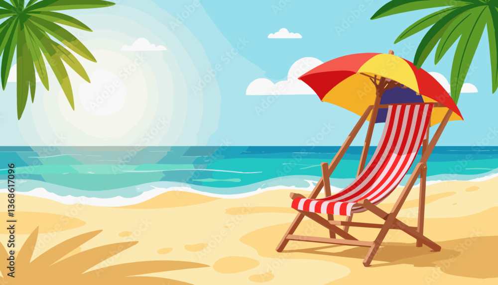 Beach vacation with a colorful umbrella on a sandy shore Beach vacation with a colorful umbrella on a sandy shore