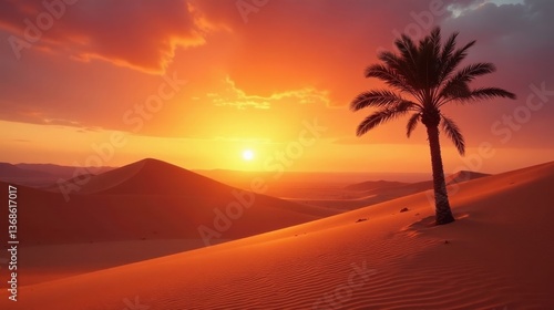 Serene Sunset over Sandy Dunes, a Lone Palm Tree Silhouetted Against Fiery Hues