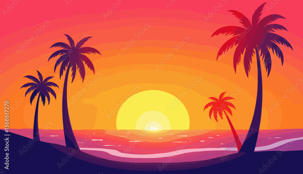 Beach vacation sunset silhouette with palm trees on horizon Beach vacation sunset silhouette with palm trees on horizon