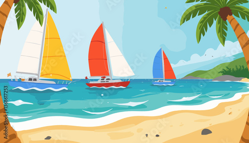 Beach vacation with sailboats sailing in the ocean landscape  
