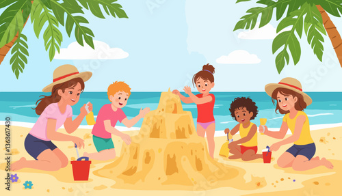 Kids building a sandcastle joyfully on a beach vacation  