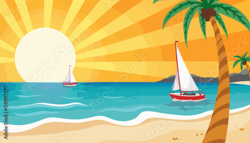 Beach vacation sunset scene with sailboats and palm trees  