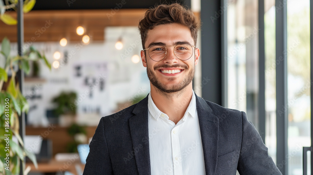 Fototapeta premium Confident young man smiling in modern office environment - 