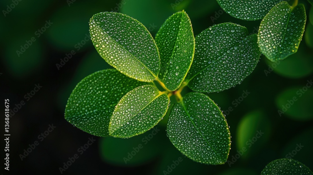 Dew-covered green leaves in natural setting Dew-covered green leaves in natural setting