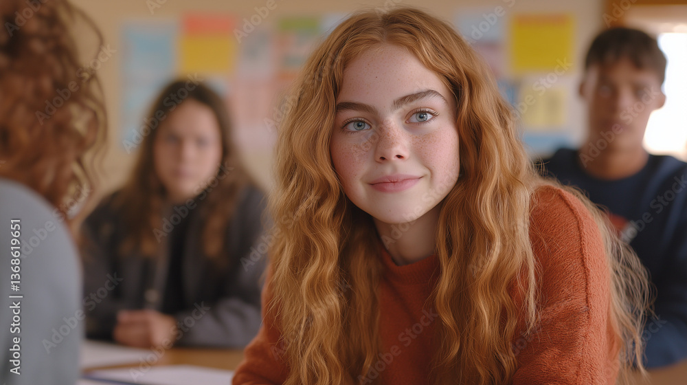 Engaged girl smiling during classroom discussion Engaged girl smiling during classroom discussion