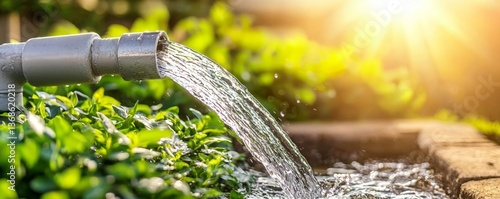 Clear water flowing from an outdoor pipe in bright sunshine.