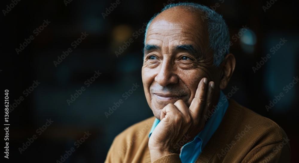 Elderly hispanic male smiling thoughtfully against dark background Elderly hispanic male smiling thoughtfully against dark background