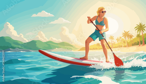Woman paddleboarding with joy during a beach vacation  
