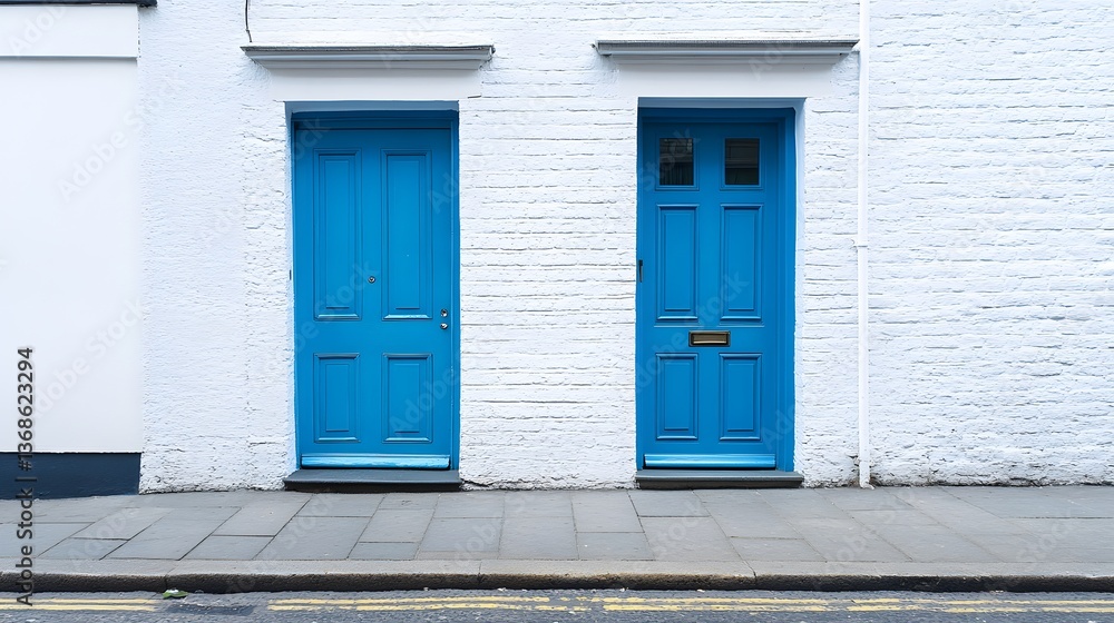 Fototapeta premium Professional Close-up of White Painted Wall with Two Blue Doors for Interior Design Inspiration