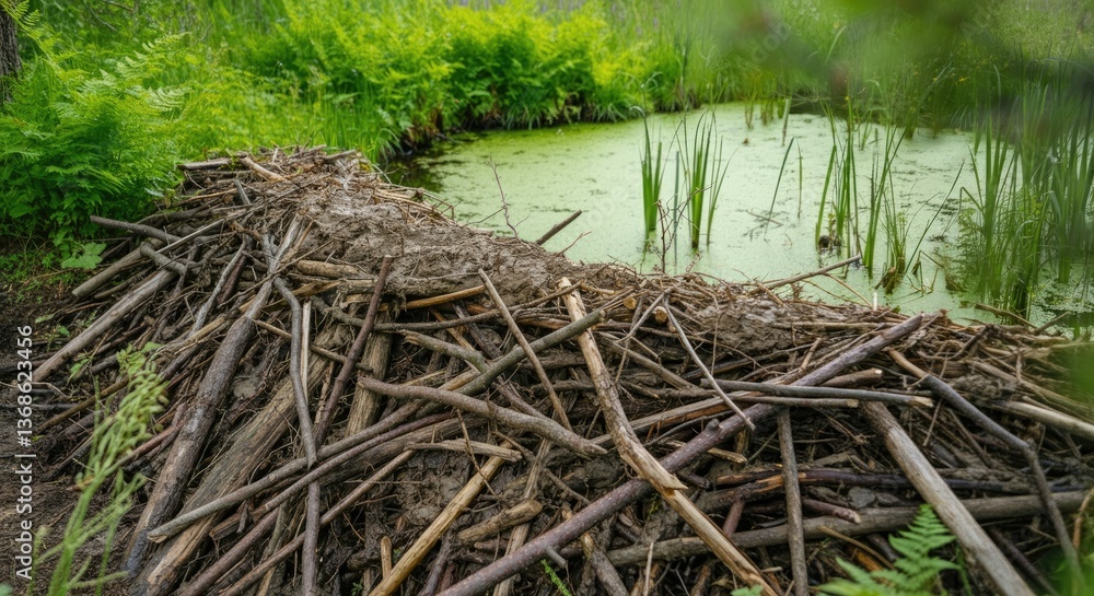Fototapeta premium Beaver dam with sticks and branches in wetland area