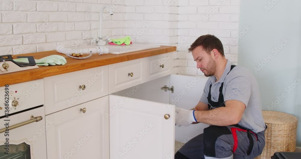 Male plumber in uniform kneeling on floor, fixing drain sink pipes inside kitchen cabinet. Professional repairman eliminating leaks or blockage, using tools for plumbing service and repair works.