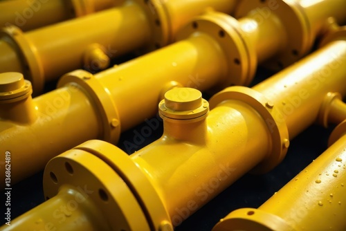 Close-up view of vibrant yellow industrial piping components, showcasing intricate details and precision engineering
