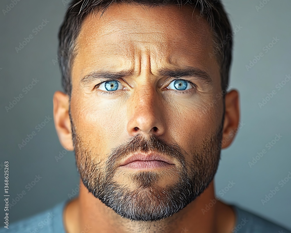 Fototapeta premium Close-up portrait of a serious, frowning man with blue eyes and stubble.