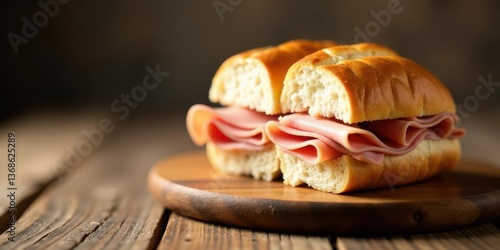 A delectable pair of sliced meat sandwiches on artisan bread, artfully arranged on a rustic wooden board, creating a visually appealing culinary scene.