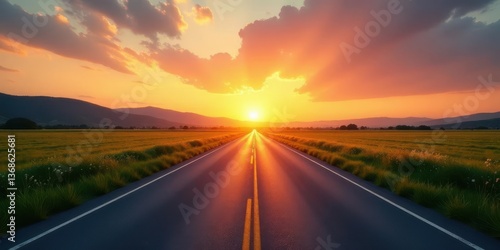 Asphalt ribbon unwinding towards a vibrant sunset, showcasing a picturesque landscape of verdant fields and distant hills bathed in the warm golden hues of the evening sky.
