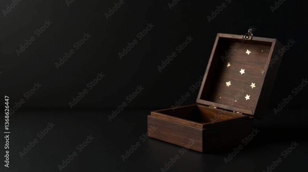 Fototapeta premium An empty dark wooden box with tiny golden stars adorns its interior, hinting at untold stories and hidden treasures within its depths.