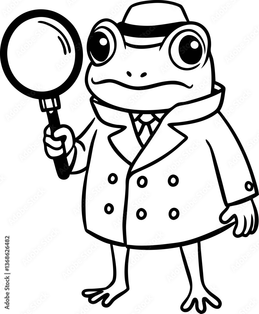 Detective frog character with magnifying glass, comic illustration, black and white, mystery exploration theme Detective frog character with magnifying glass, comic illustration, black and white, mystery exploration theme