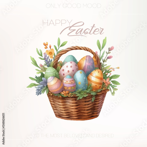 Rustic Easter basket with flowers and eggs – watercolor vector