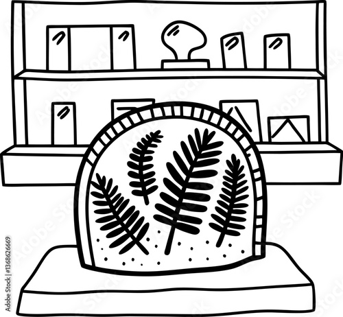Bookshelf display, fossil exhibit illustration, museum shelf with books, ancient fern specimen