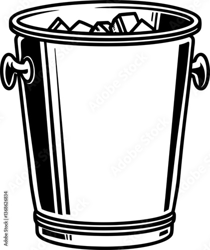 illustration of metal bucket filled with ice cubes black and white line art, cool refreshing concept, simple design