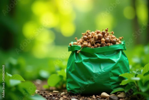 A Green Bag Filled with Small Brown Seeds in a Lush Natural Setting
