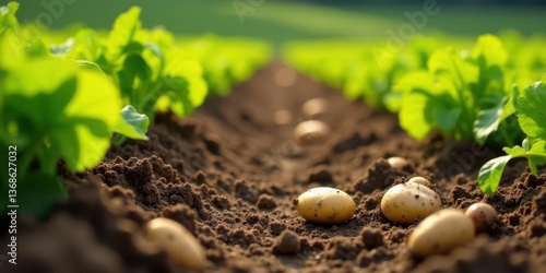Rows of freshly planted potatoes nestled in rich earth between vibrant green leafy plants, a symbol of agricultural abundance and the promise of a bountiful harvest.