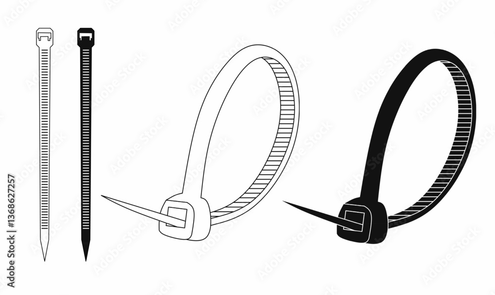 Zip Tie Cable Tie Icon Set.Black and white vector illustration of zip ties, including straight and looped variations. Ideal for security, fastening, cable management, and tool-related concepts