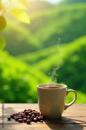 Aromatic Coffee Steam Rising from a Mug on a Wooden Table Against a Lush Green Background