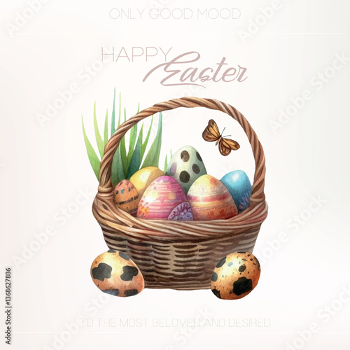 Vintage Easter basket with eggs and wildflowers – vector watercolor