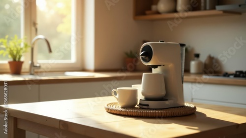 Morning Sunlight Illuminates a Modern Kitchen with Coffee Maker and Cups Ready for a Brew