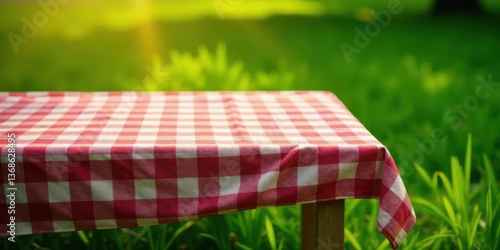 Red and white checkered tablecloth on an outdoor table, bathed in sunlight, set against a vibrant green lawn, ready for a delightful picnic or garden gathering.