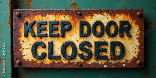 A weathered, rusty metal sign with embossed lettering that reads Keep Door Closed, showing the effects of time and elements on industrial signage