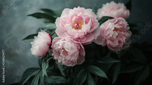 Fototapeta Naklejka Na Ścianę i Meble -  Close-up of pink peonies with dark-green leaves, showcasing soft petals and delicate texture, representing elegance, beauty, and springtime freshness