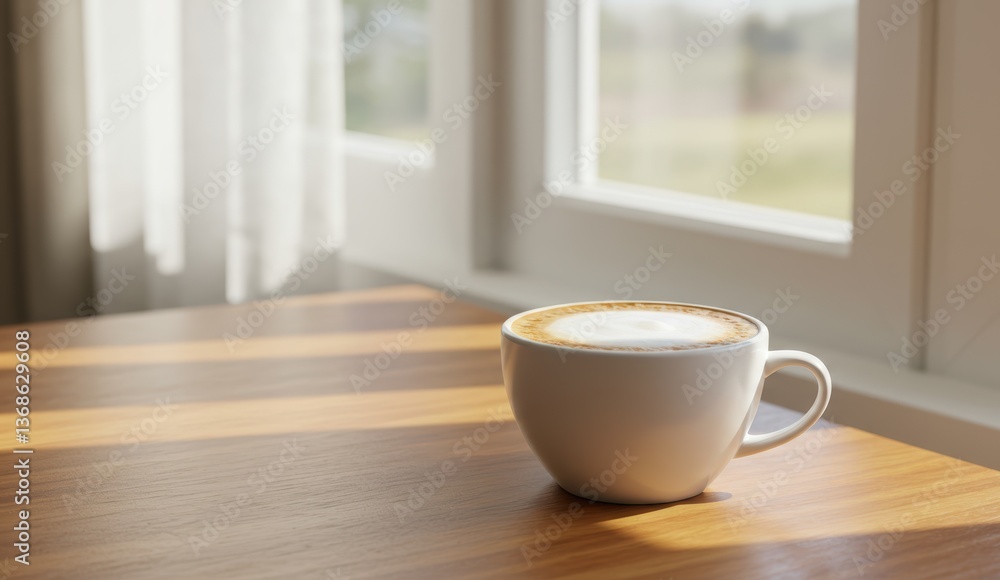 Fototapeta premium Latte in white cup on wooden table with sunlight streaming through windows, cozy home atmosphere, relaxation.
