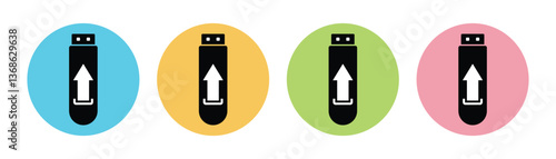 USB drive icon set between colourful circle. Stylish USB drive silhouette symbol website design. Simple pen drive vector icon isolated on white background. Vector image.