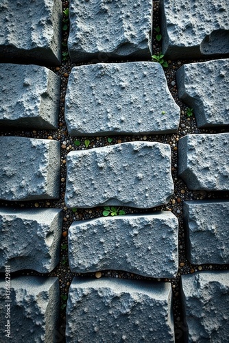 Resilient Life Emerging Through Stonework A Textured Background of Interlocking Blocks and Tiny Plants